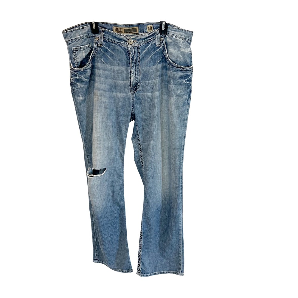 BKE Seth Mens‎ Light Wash Relaxed Straight Leg Distressed Denim Jeans 40x34